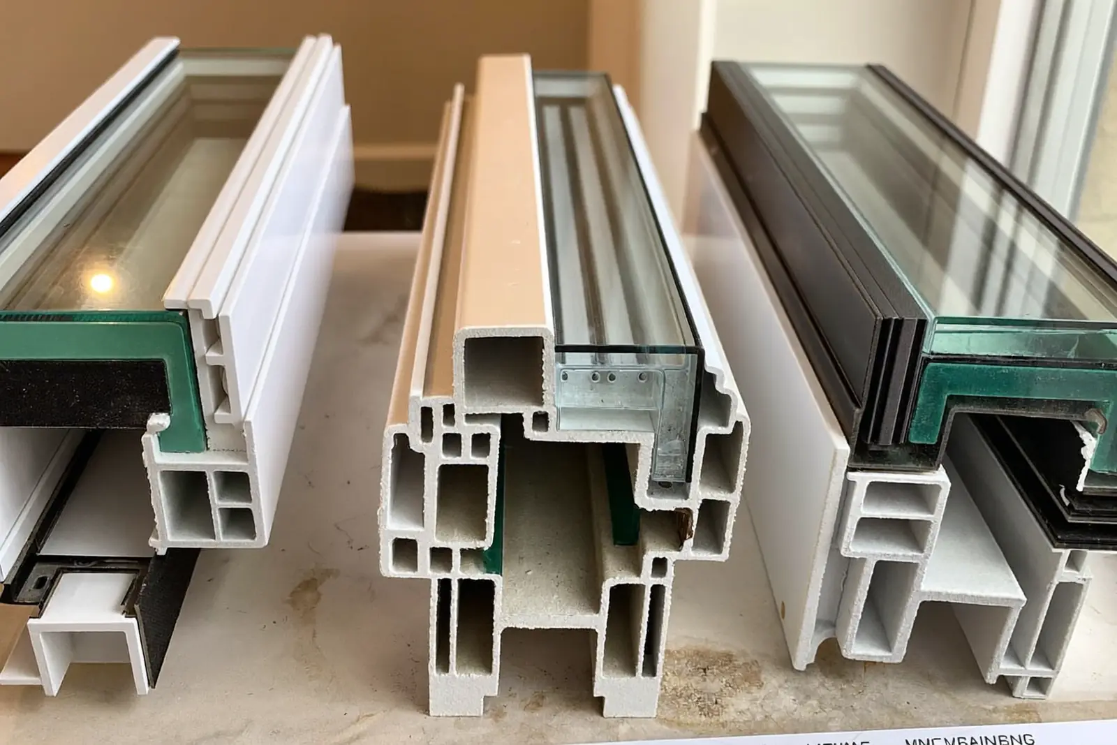 Cross-sections of double, triple and secondary glazing units on display