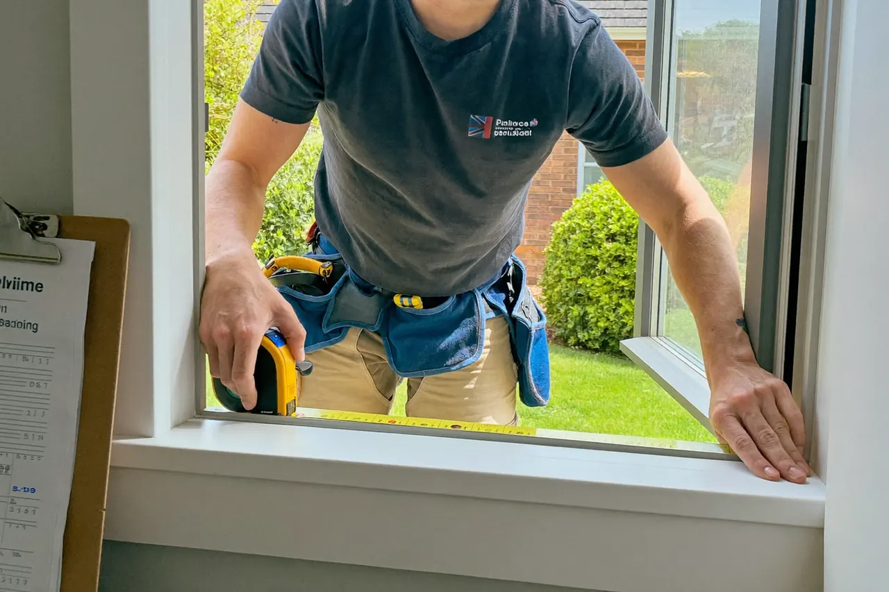 Installer measuring a window opening to prepare a glazing quote