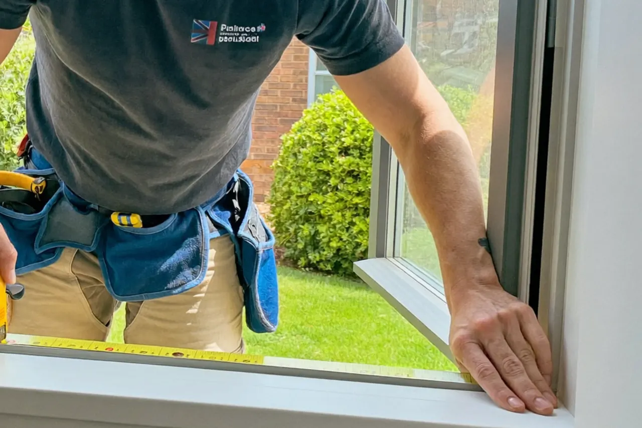 Surveyor checking window frames during a free home survey