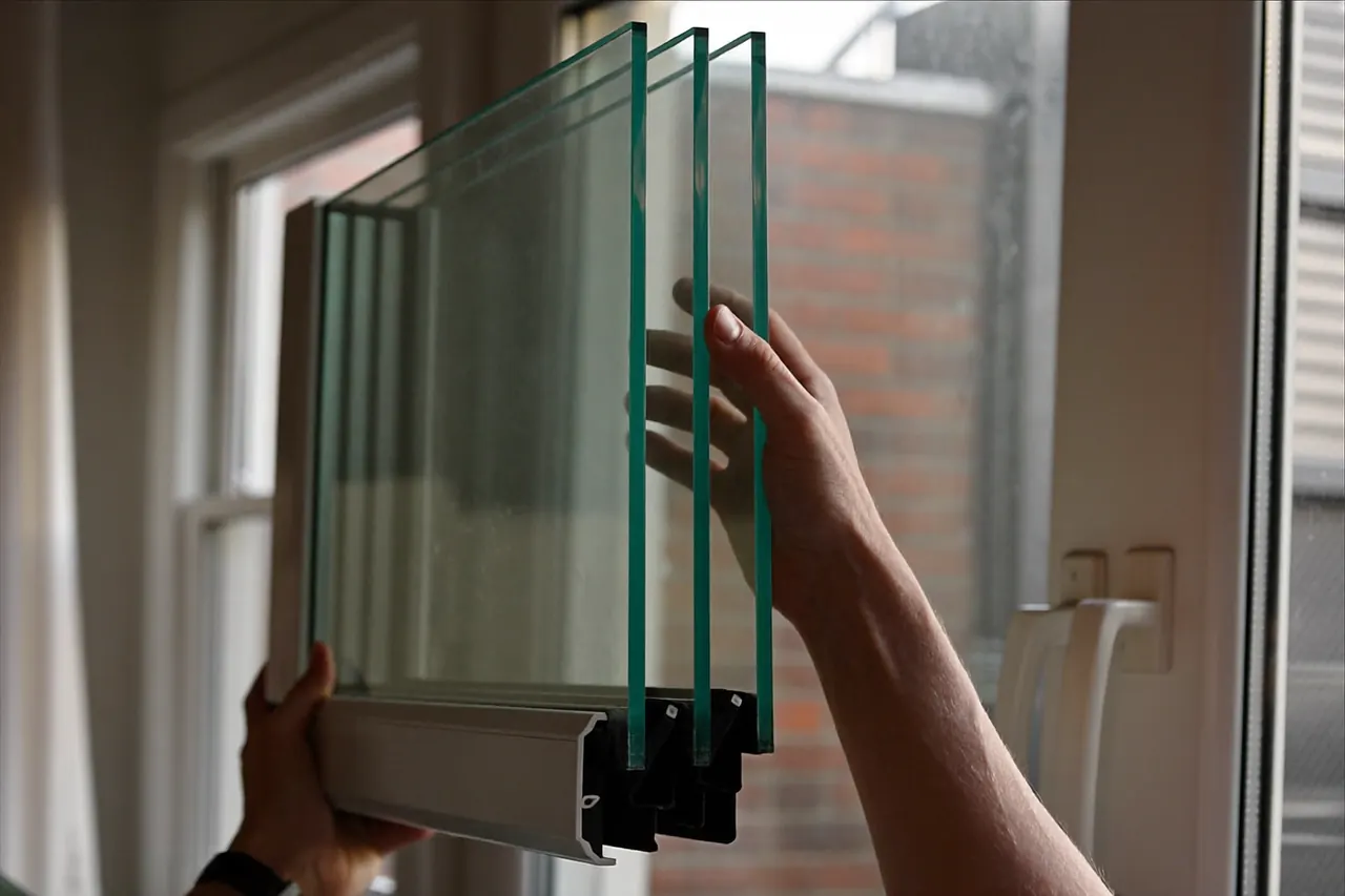 Triple-glazed unit held up to the light to show its three panes